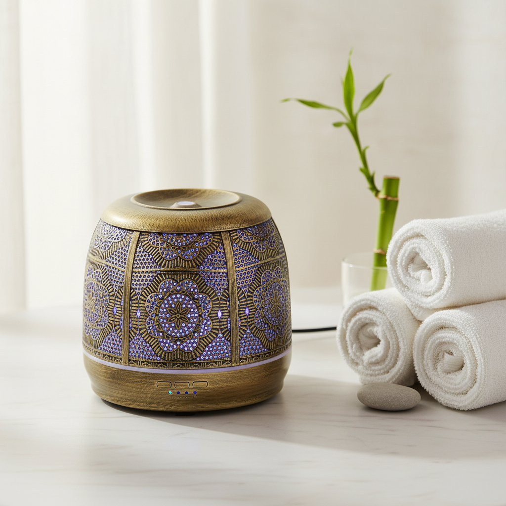 Diffuseur d'huiles essentielles HAOVIA pour rituel self-care, ambiance spa sur marbre