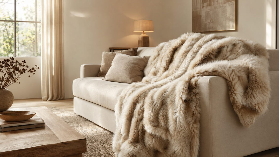 Plaid en fausse fourrure de luxe HAOVIA posé dans un salon chic