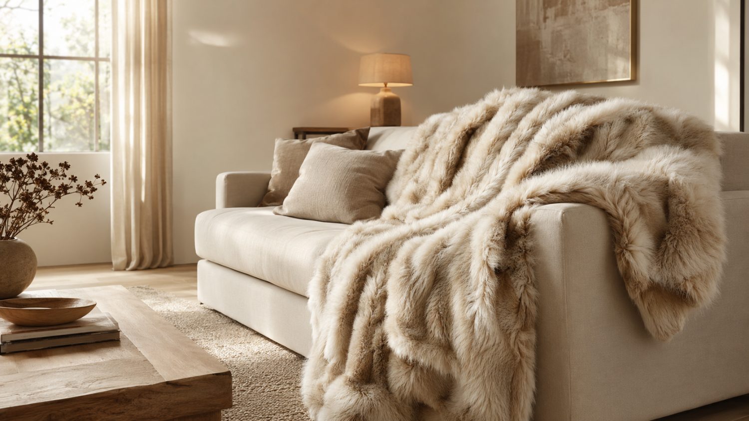 Plaid en fausse fourrure de luxe HAOVIA posé dans un salon chic