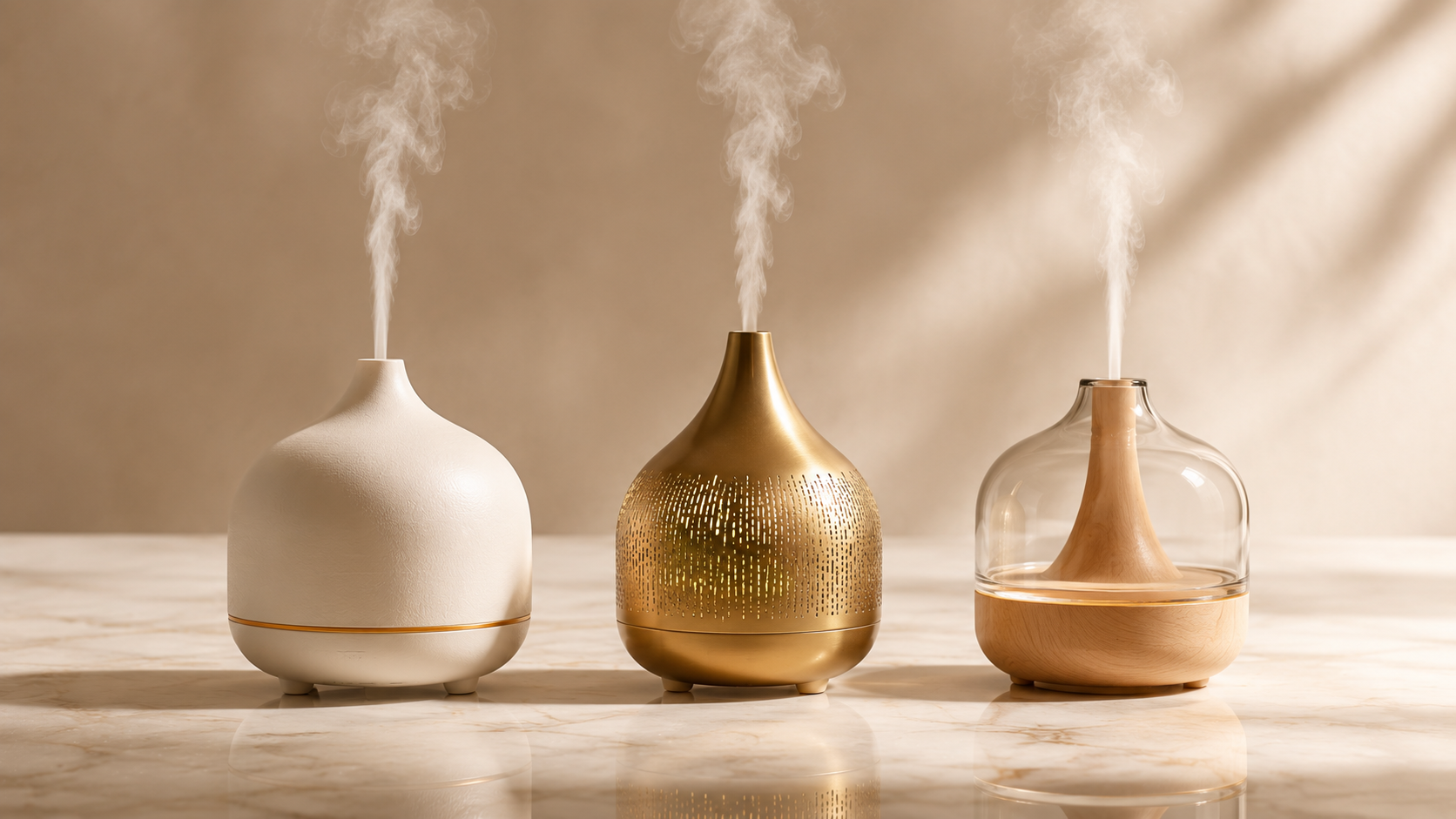 Trois diffuseurs HAOVIA de luxe en céramique, métal cuivré sculpté et verre bois, sur marbre