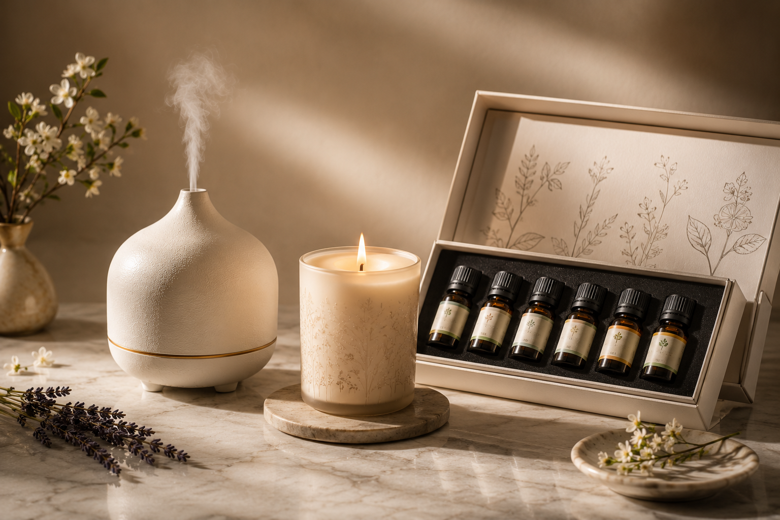 Best-sellers HAOVIA : diffuseur céramique, bougie parfumée et coffret d'huiles essentielles réunis sur marbre