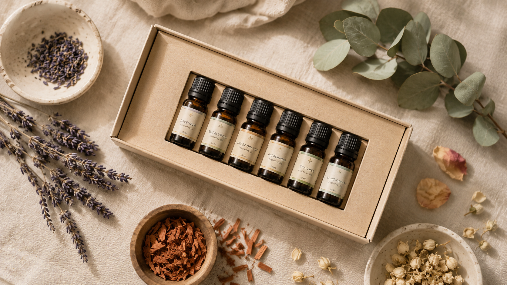 Coffret de 6 huiles aromatiques HAOVIA présenté en flat-lay sur lin naturel, à côté d'une bougie parfumée et d'une brume d'ambiance