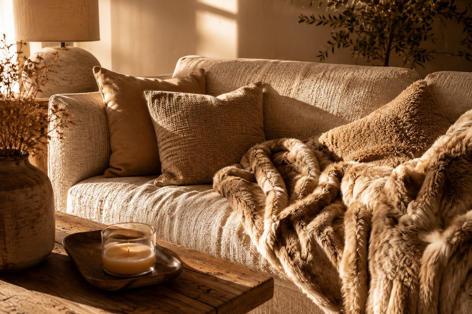Plaid en fausse fourrure et coussins HAOVIA sur canapé beige, ambiance cocooning chaleureuse