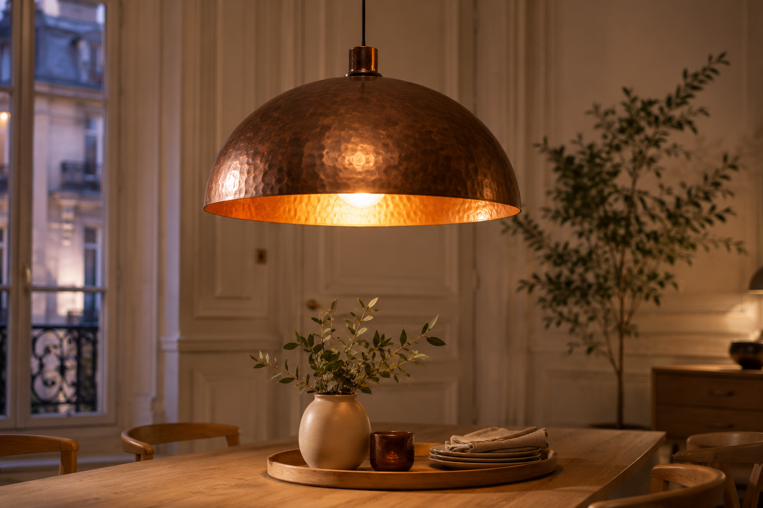 Suspension HAOVIA en dôme de cuivre massif au-dessus d'une table à manger dans un intérieur haussmannien