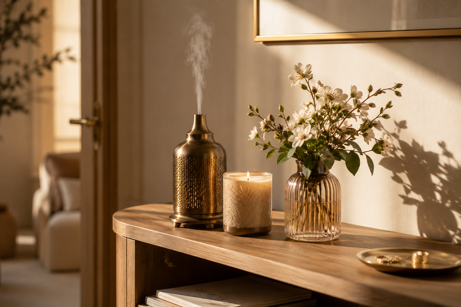 Console d'entrée HAOVIA avec plaid, bougie parfumée et lampe de chevet finition cuivrée, ambiance cocooning