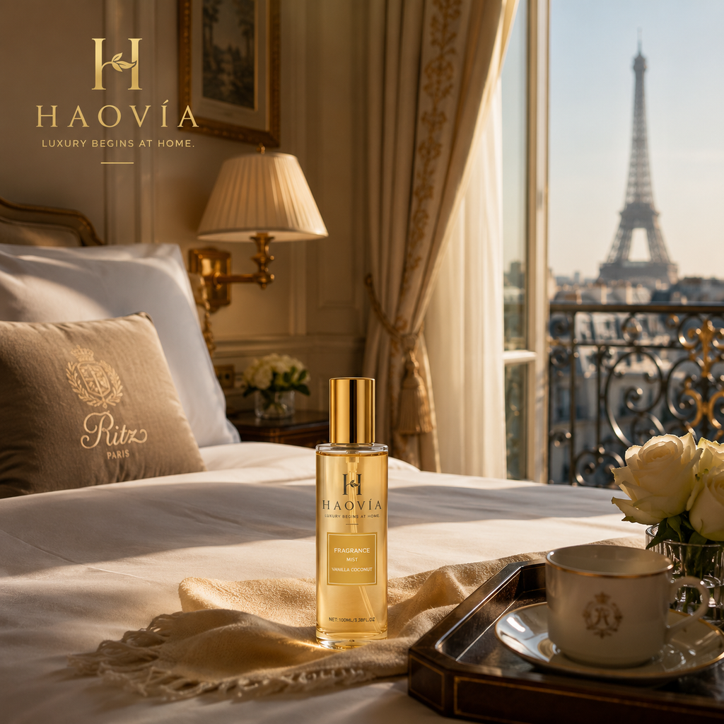 Brume parfumée HAOVIA vaporisée sur du linge de lit