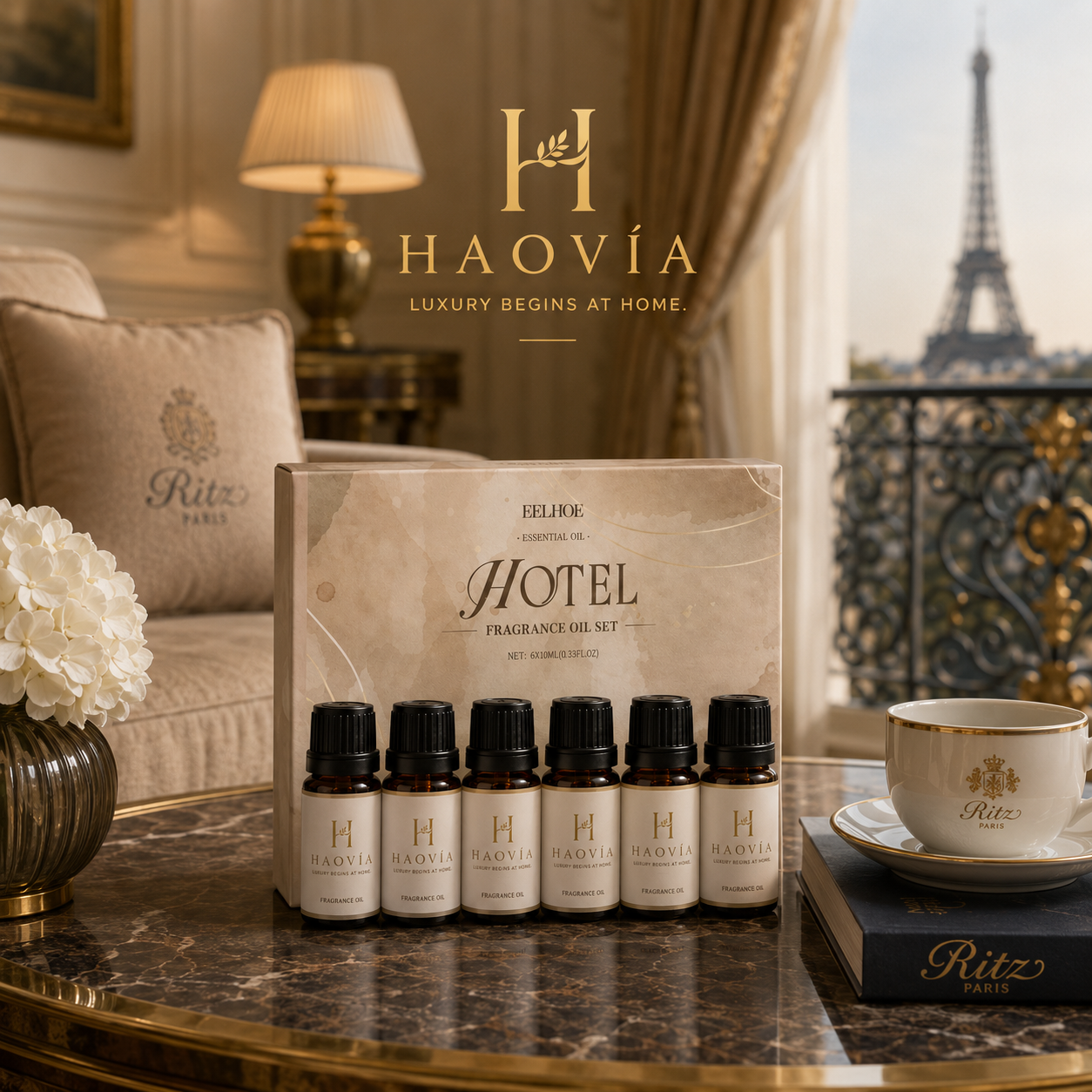 Coffret HAOVIA 6 huiles aromatiques ouvert avec les flacons de 10 ml