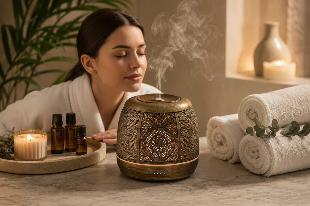 Femme en peignoir blanc savourant le parfum du diffuseur HAOVIA No.3 dans une ambiance spa luxueuse