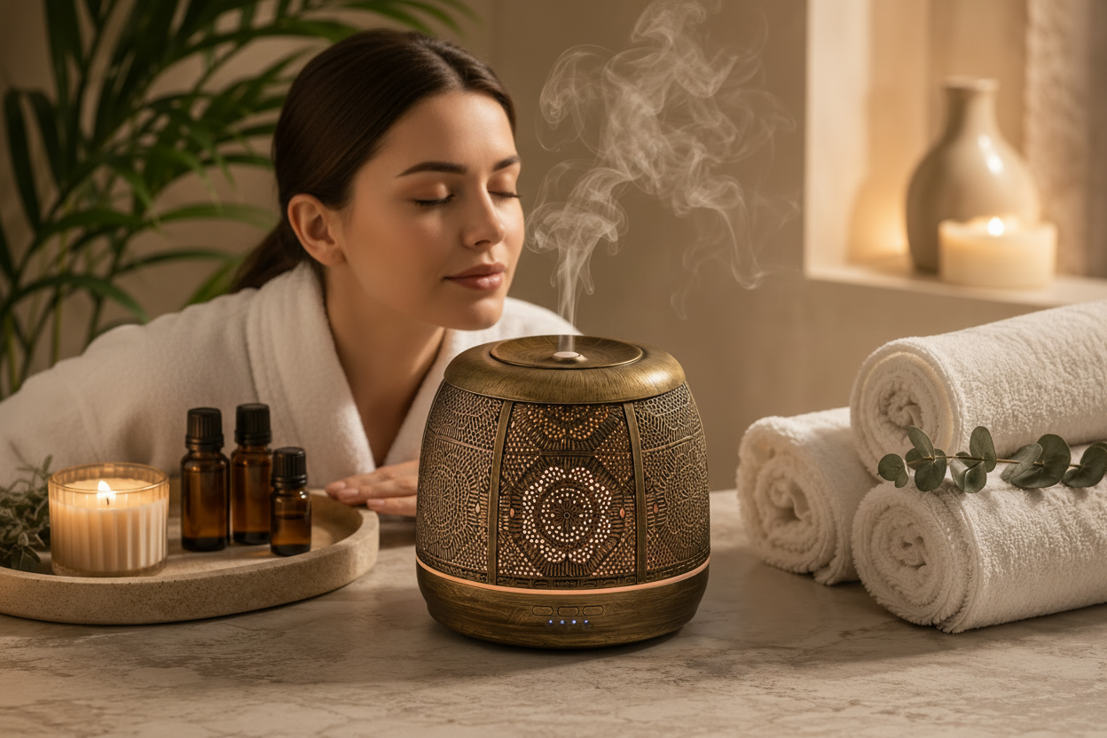 Femme en peignoir blanc savourant le parfum du diffuseur HAOVIA No.3 dans une ambiance spa luxueuse