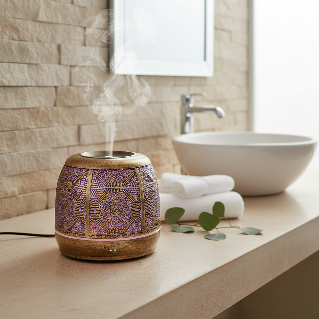 Diffuseur ultrasonique Haovia diffusant une légère vapeur dans une salle de bain spa haut de gamme