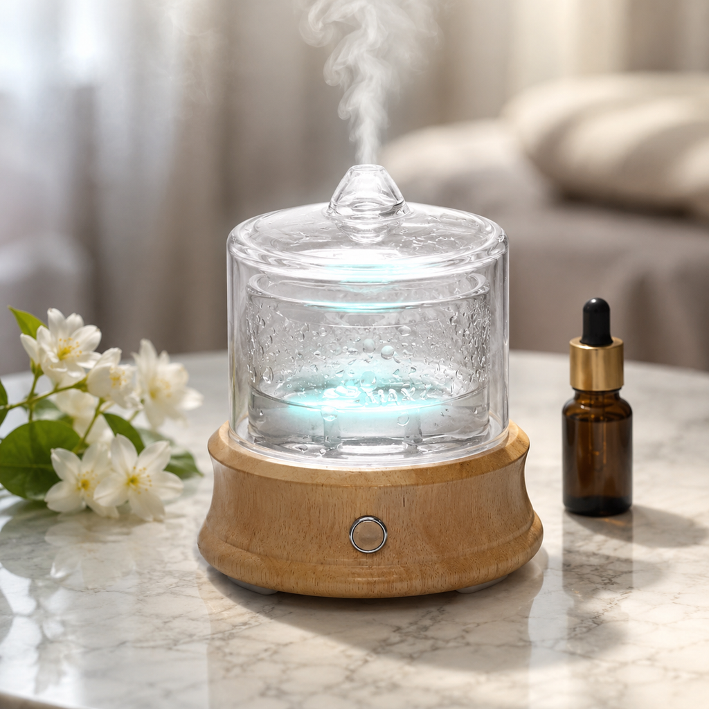 Diffuseur HAOVIA No.4 posé sur une table de chevet dans une chambre épurée