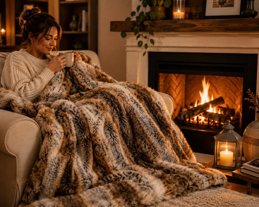 Plaid HAOVIA en fausse fourrure posé sur un canapé dans un salon cosy