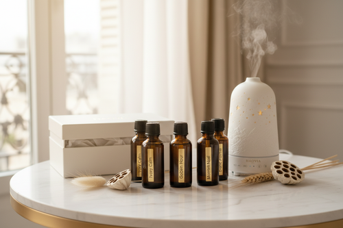 Pack de 5 huiles essentielles HAOVIA Signature Collection sur marbre blanc avec boîte cadeau et diffuseur céramique No.1 en arrière-plan